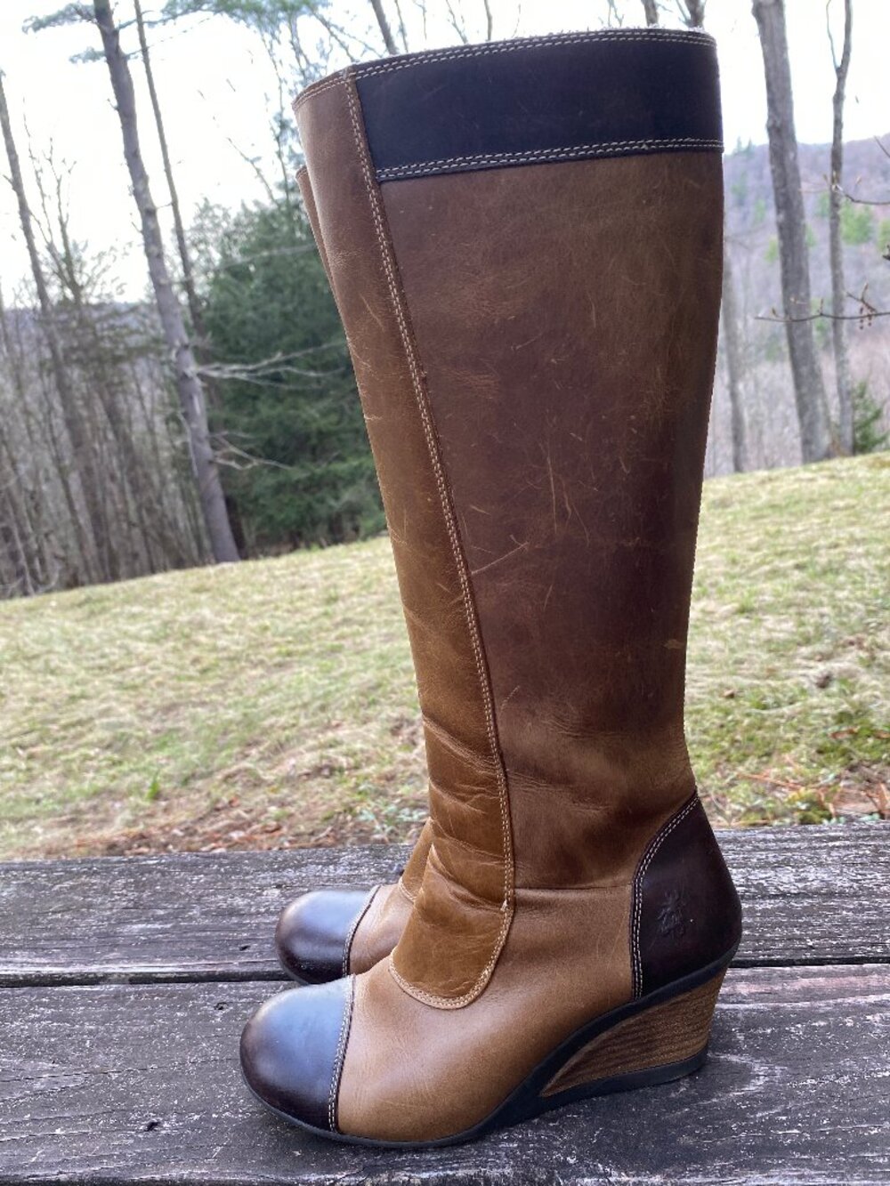 Vintage Fly London Two Tone Leather Wedge Full Zip tall Boots-Size 39/8.5 USA